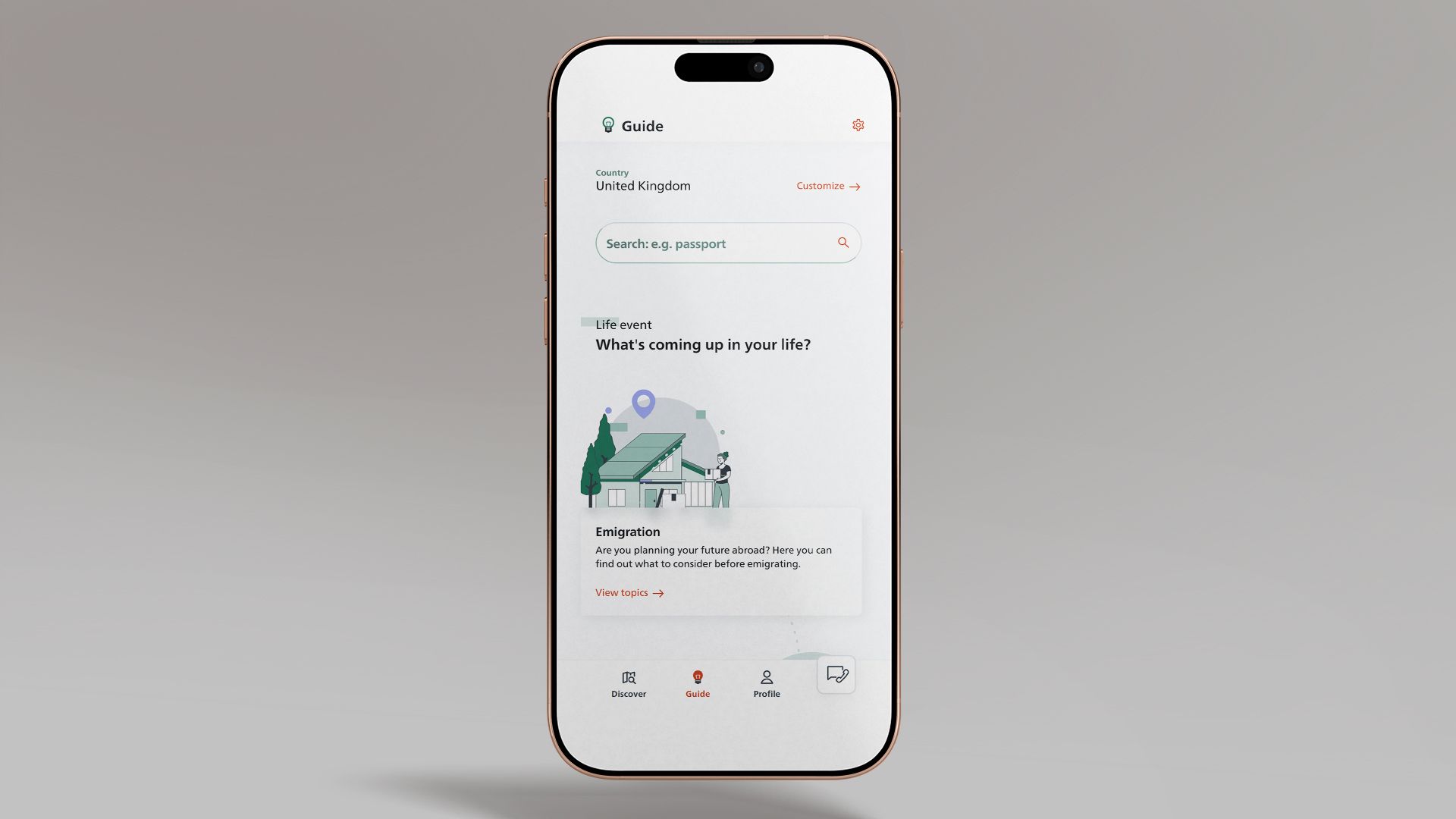 The image shows a smartphone on which the SwissInTouch app displays the 'Guide' feature.